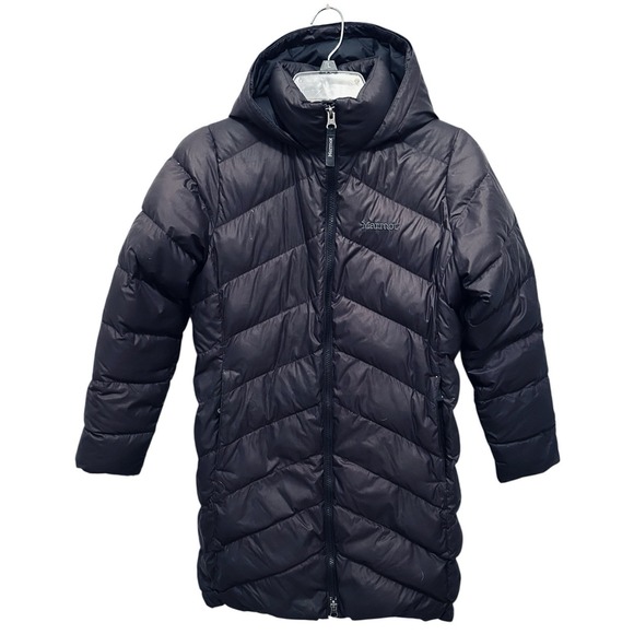 Marmot Montreaux Girls Down Coat Large Black 700 Fill Puffer Hooded Jacket Parka